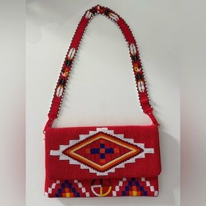 Indian Beaded Red & Multicolor Seed Bead Crossbody Bohemian Party Wear Handbag
